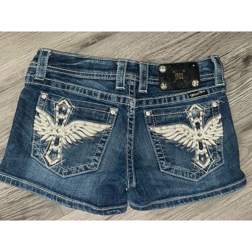 Miss Me Leather Rhinestone Wing Cross Design Jean Shorts Size 29 "Daisy Dukes"